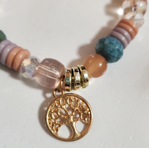 Multi-color beads gold tone Tree of Life Charm Stretch Bracelet - Picture 3 of 11
